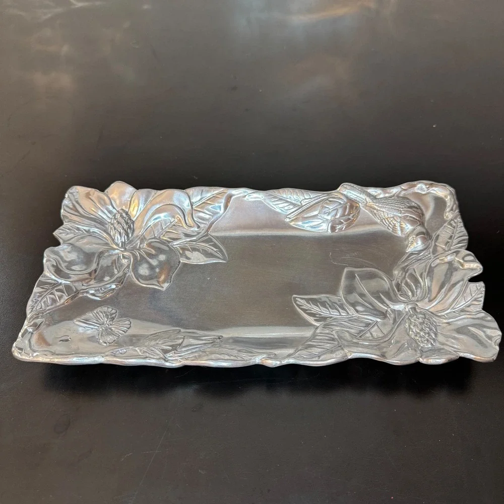 Arthur Court Magnolia Bird Butterfly Tray 9.5x5.5 Silver Aluminum Floral 2000